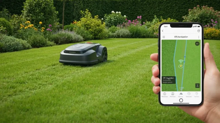Robot koszący z GPS pracujący na terenie ogrodu z wyświetloną mapą nawigacji w aplikacji mobilnej