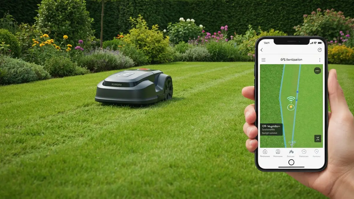 Robot koszący z GPS pracujący na terenie ogrodu z wyświetloną mapą nawigacji w aplikacji mobilnej