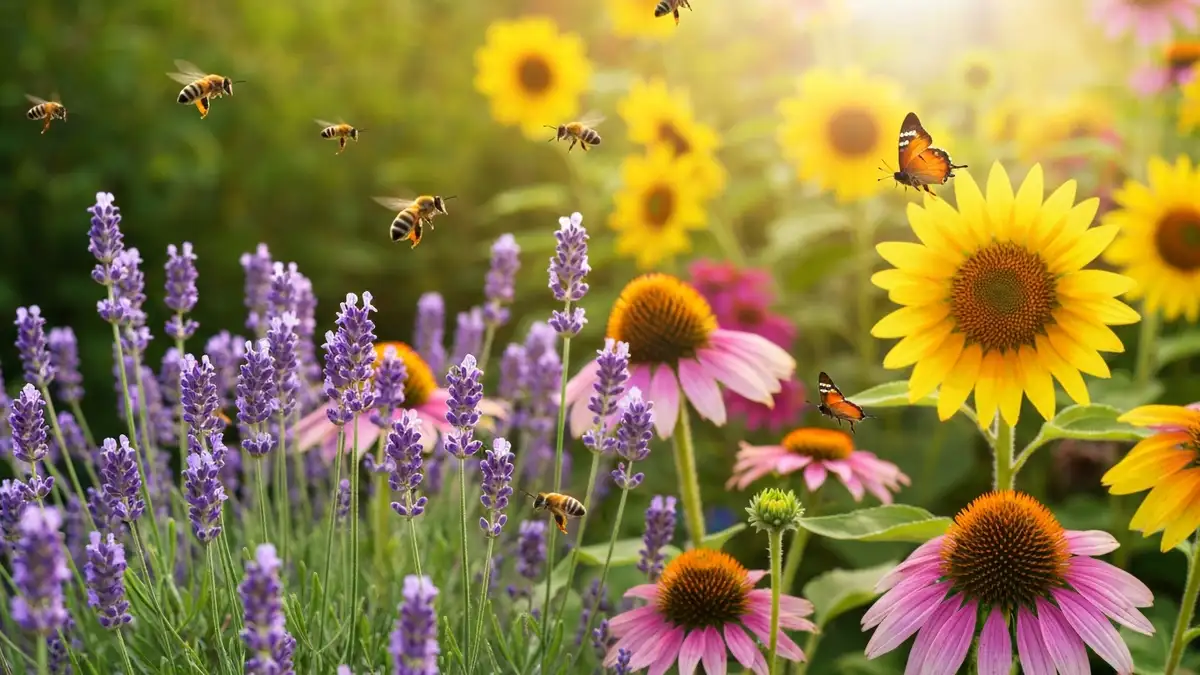 Kwiatowy ogród pełny fioletowej lawendy, żółtych słoneczników i białej jeżówki z pszczołami i motylami zbierającymi pollen