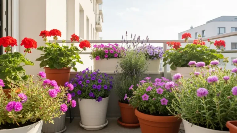Kolorowe rośliny balkonowe w donicach na słonecznym balkonie - pelargonie, surfinie i lawenda
