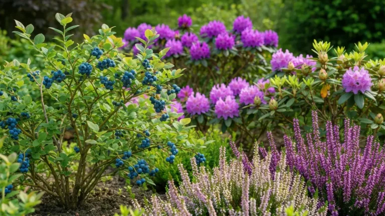 Rośliny na glebie kwaśnej - borówki, rododendron i wrzosy rosnące razem w ogrodzie