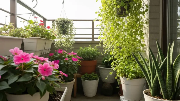 Rośliny na tarasie północnym w cieniu - impatiens, sansewieria, chlorophytum w donicach