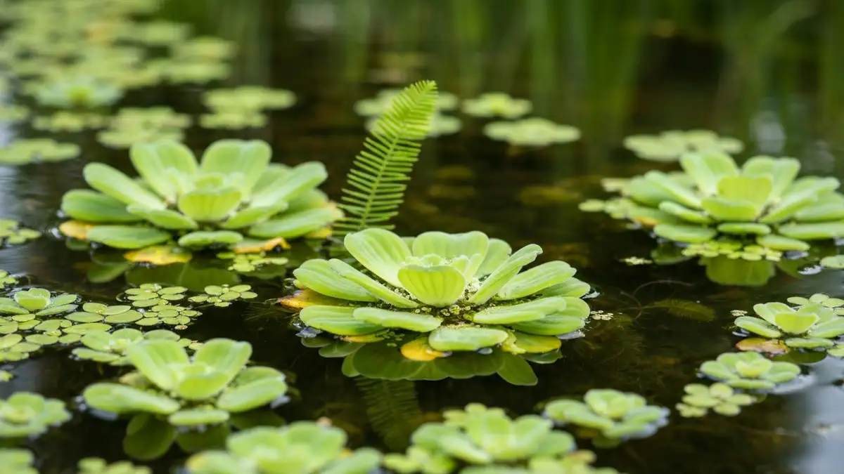 Cztery rośliny pływające w oczku wodnym - rzęsa, pistia wodna róża, salvinia paprotka, widok z góry