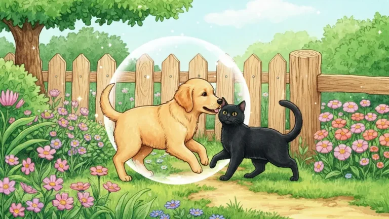 Pies i kot w ogrodzie obok kwiatów - ilustracja bezpieczeństwa zwierząt domowych wśród roślin