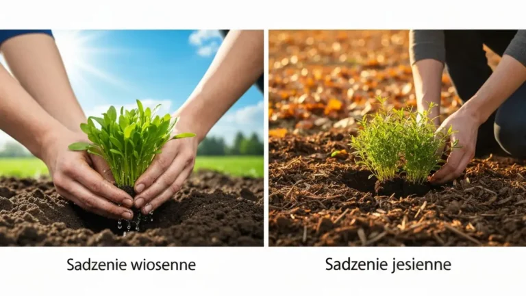 Porównanie wiosennego sadzenka zielonego liścia w złożonej glebie obok jesiennego sadzenka z liśćmi w brązowej glebie mulczowanej liśćmi
