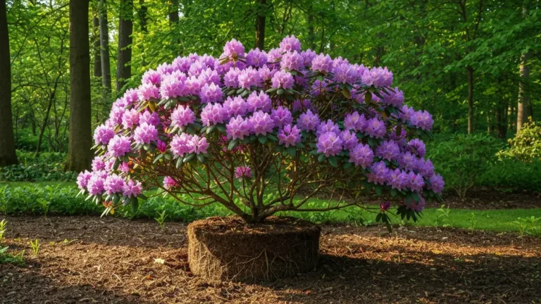 Rododendron z rozwinętymi kwiatami róż i fioletu posadzony w lesistym ogrodzie w pełnym słońcu