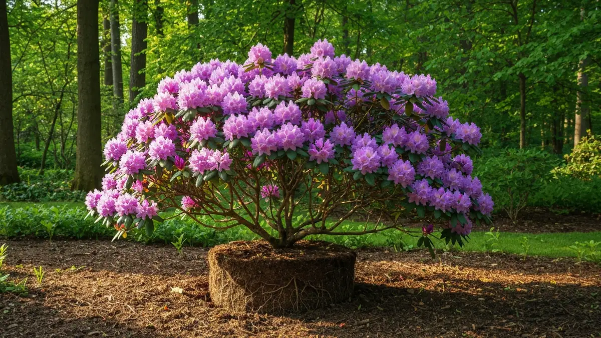 Rododendron z rozwinętymi kwiatami róż i fioletu posadzony w lesistym ogrodzie w pełnym słońcu