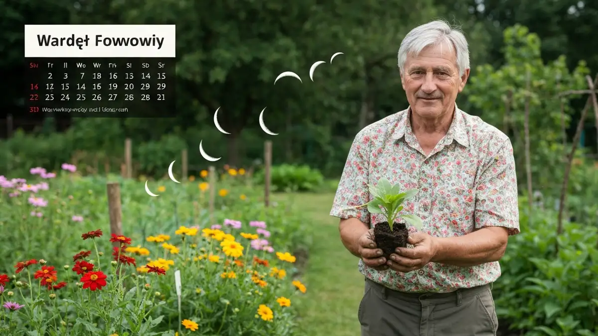 Ogrodnik trzymający młodą sadzonkę na tle księżyca w nowiu i kalendarza ogrodniczego