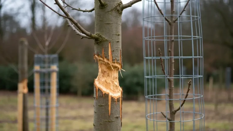 Drzewo z obgryzaną korą przez sarny - charakterystyczne nierówne krawędzie obdarcia kory na pniu oraz siatka ochronna na sąsiednim drzewie