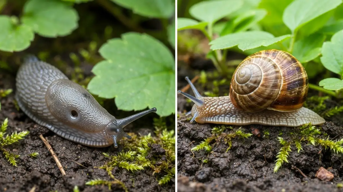 Porównanie ślimaków nagich bez muszli i winniczek ze spiralną muszlą na naturalnym tle ogrodowym