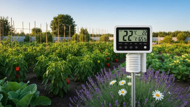 Stacja pogodowa cyfrowa zamontowana w ogrodzie mierząca temperaturę, wilgotność i opady