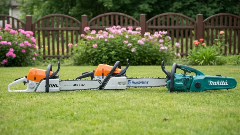Trzy pilarki łańcuchowe Stihl, Husqvarna i Makita obok siebie na drewnianym blacie – porównanie marek