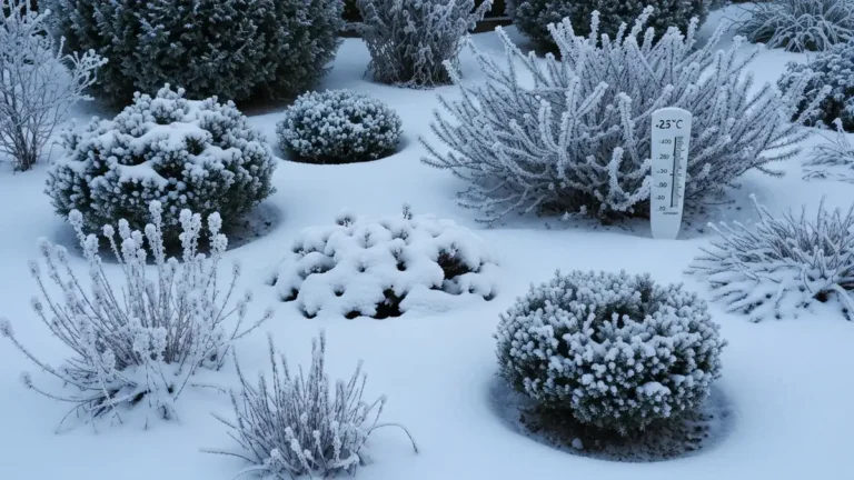 Rośliny pokryte śniegiem w ogrodzie w strefie 6a zimą, termometr pokazujący -23°C