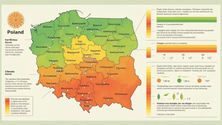 Mapa strefy mrozoodporności 6b w Polsce z zaznaczonymi regionami Mazowsza, Wielkopolski i Śląska