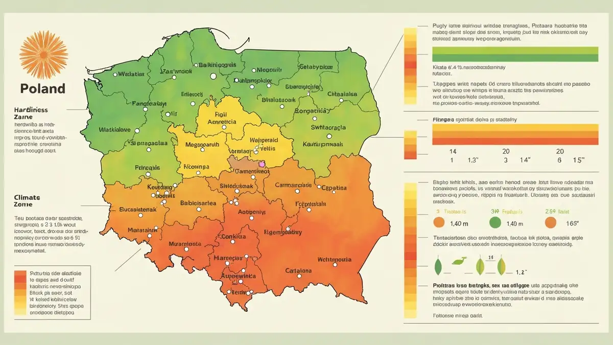 Mapa strefy mrozoodporności 6b w Polsce z zaznaczonymi regionami Mazowsza, Wielkopolski i Śląska