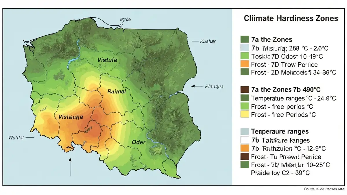 Mapa stref mrozoodporności 7a i 7b w Polsce z zaznaczonymi regionami ciepłymi i temperaturami minimalnymi