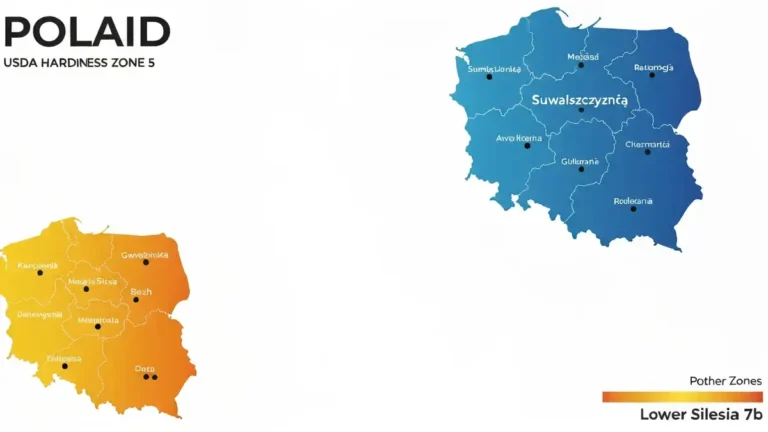 Mapa stref mrozoodpornosci USDA dla Polski z podziałem na regiony klimatyczne i kolorami stref od 5 do 7b