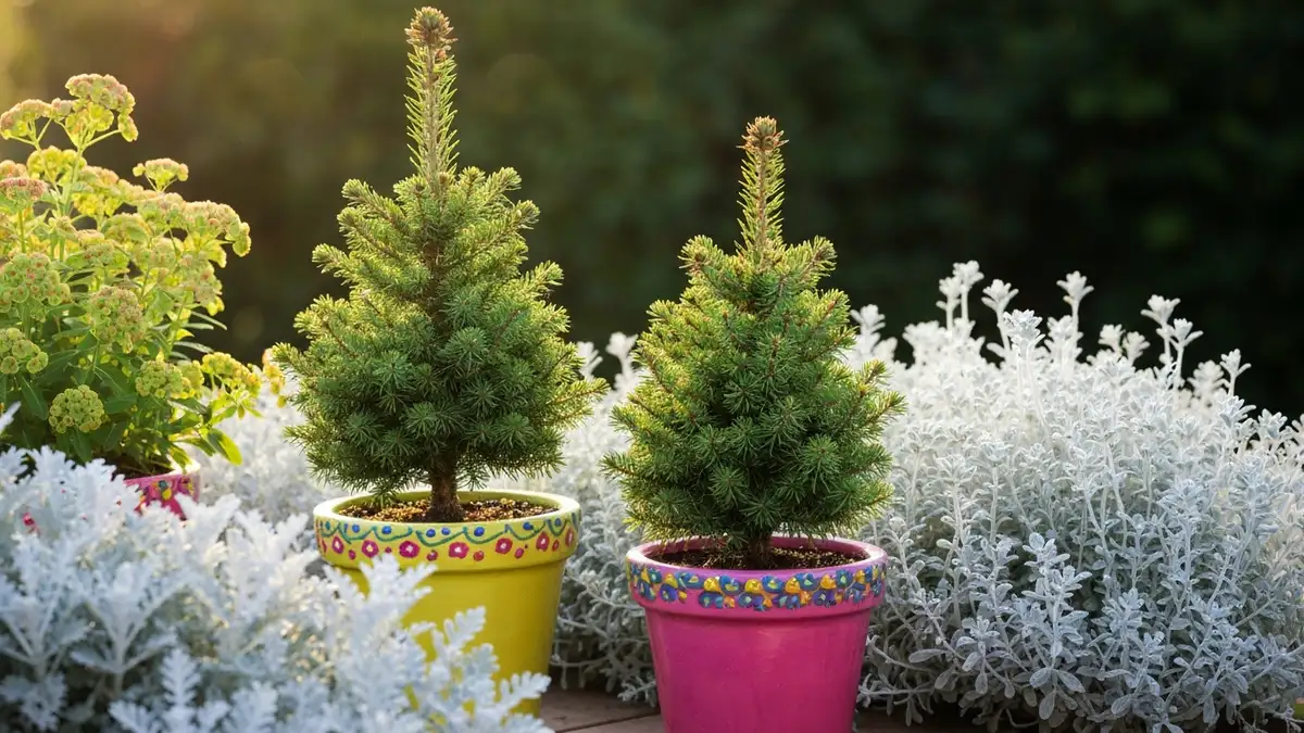 Dwa karłowe świerki ozdobne (Picea glauca Conica) w doniczkach na tarasie, otoczone szarymi i srebrnymi roślinami