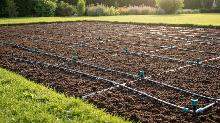 Ogród z zainstalowanym systemem nawadniania Gardena - rurki kroplowe ułożone wśród warzyw na grządce