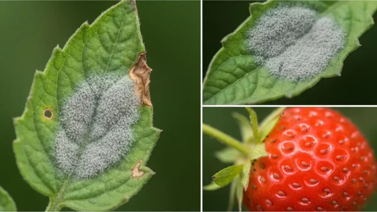 Szara pleśń Botrytis na liściu pomidora i owocu truskawki - widoczny szary nalot i zgnilizna