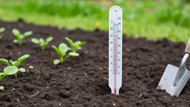 Termometr glebowy wsadzony w czarną glebę ogrodowej działki, mierzący temperaturę przy sadzonkach warzyw