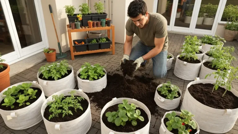 Pracowity ogrodnik wlewający ziemię do trzynastu worków do uprawy ustawionych na tarasie, worki zawierają sadzonki pomidorów, ziemniaków i truskawek, słoneczny dzień.
