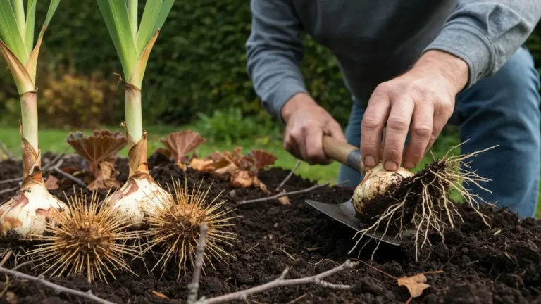 Dojrzałe cebule gladioli i begonii tuberosa w ziemi, gotowe do wykopania, fotografija ogrodnika pokazująca głębokie kopanie łopatą