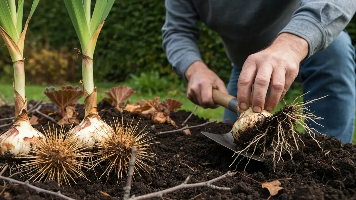 Dojrzałe cebule gladioli i begonii tuberosa w ziemi, gotowe do wykopania, fotografija ogrodnika pokazująca głębokie kopanie łopatą