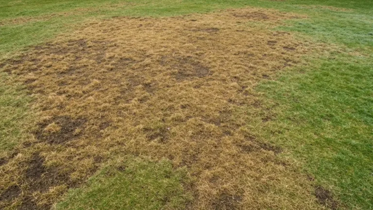 Łyse brązowe plamy na trawniku wiosną spowodowane wymarzaniem