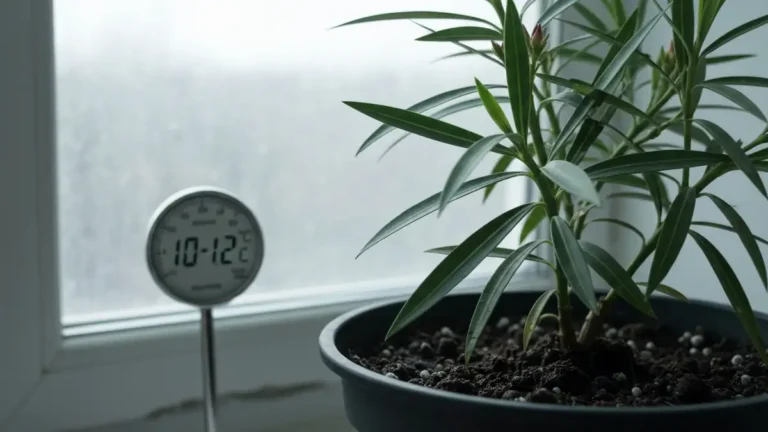 Oleander w doniczce podczas zimowania w chłodnym pokoju z naturalnym światłem