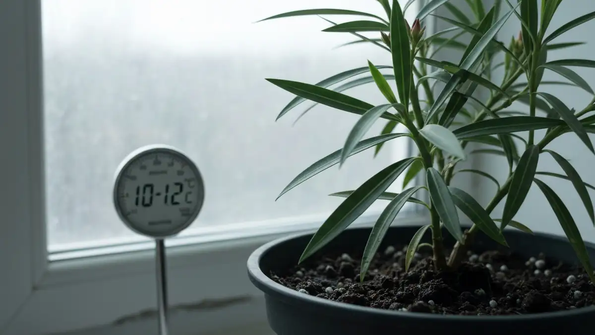 Oleander w doniczce podczas zimowania w chłodnym pokoju z naturalnym światłem