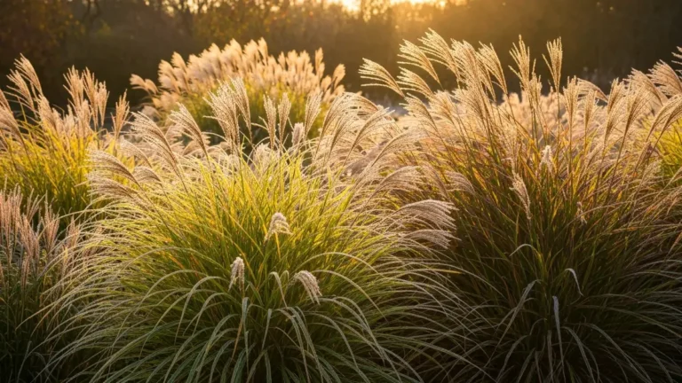 Trawy ozdobne w jesiennym ogrodzie - Miscanthus i Panicum z żółtymi i brązowymi pękami