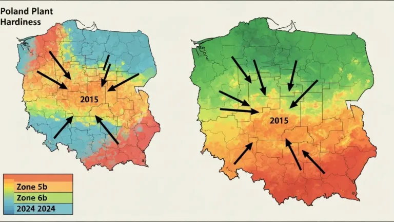 Mapa stref mrozoodporności USDA w Polsce z zaznaczeniem przesunięć w ostatniej dekadzie